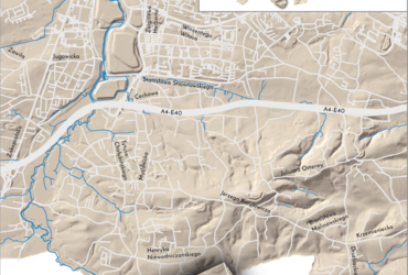 Mapa 167. Zbydniowice. Orientacyjna lokalizacja dawnej wsi Zbydniowice w obecnych granicach Krakowa – na planie miasta oznaczono jej położenie w kształcie wyznaczonym granicami jednostki katastralnej, jaką stanowiła, ze wskazaniem najstarszego, historycznego centrum Zbydniowic w rejonie skrzyżowania dzisiejszych ulic Matematyków Krakowskich i Zbydniowickiej.