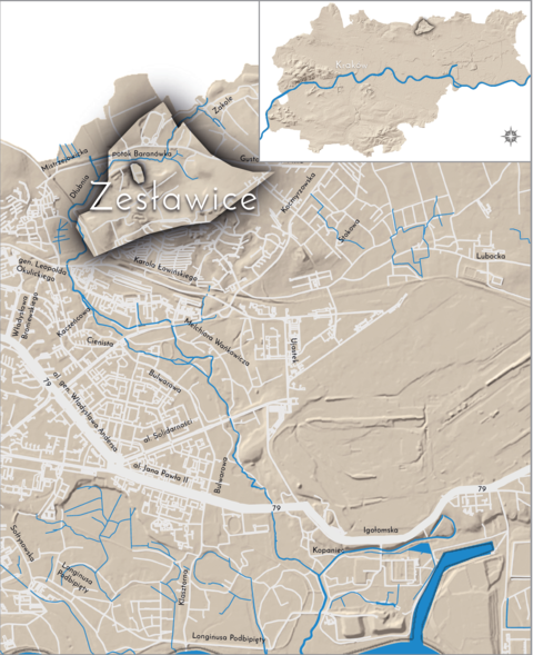Mapa 170. Zesławice. Orientacyjna lokalizacja dawnej wsi Zesławice w obecnych granicach Krakowa – na planie miasta oznaczono jej położenie w kształcie wyznaczonym granicami jednostki katastralnej, jaką stanowiła, ze wskazaniem najstarszego, historycznego centrum Zesławic w dolinie potoku Baranówka, po wschodniej stronie dzisiejszej ulicy Jeziorany.