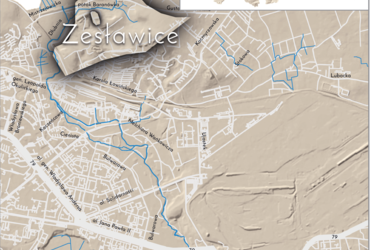 Mapa 170. Zesławice. Orientacyjna lokalizacja dawnej wsi Zesławice w obecnych granicach Krakowa – na planie miasta oznaczono jej położenie w kształcie wyznaczonym granicami jednostki katastralnej, jaką stanowiła, ze wskazaniem najstarszego, historycznego centrum Zesławic w dolinie potoku Baranówka, po wschodniej stronie dzisiejszej ulicy Jeziorany.