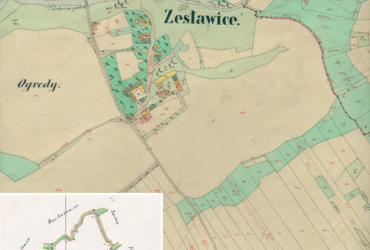 Mapa 171. Zesławice. Centrum Zesławic na mapie katastralnej sporządzonej dla gminy katastralnej Zesławice w 1848 roku oraz pochodzący z lat 1847–1848 plan sytuacyjny z wyrysowanymi granicami gminy Zesławice i lokalizacją gmin sąsiadujących (Archiwum Narodowe w Krakowie, sygn. K. Krak. 753 IV; sygn. WM 563a, s. 24).