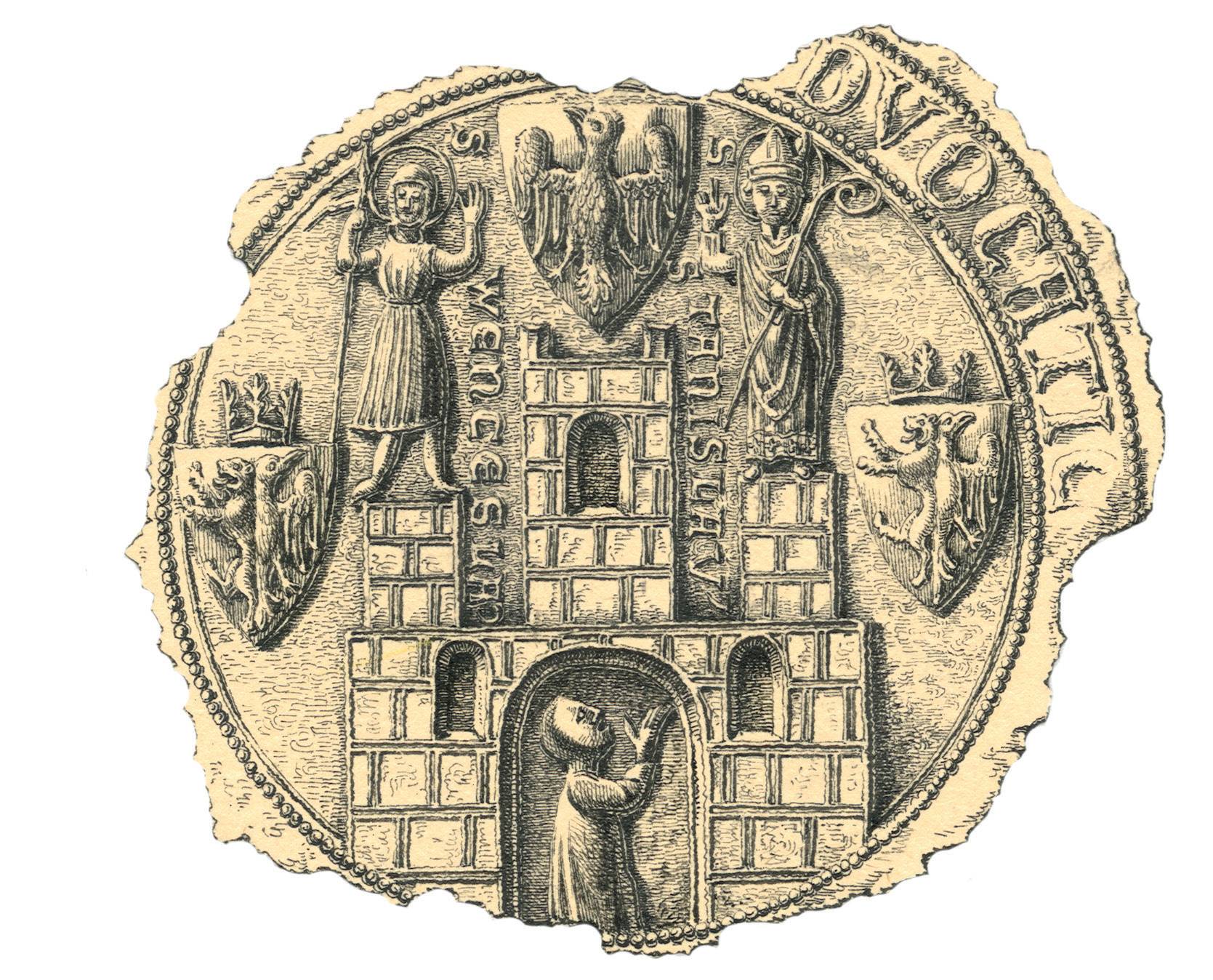 (001) Prawzór herbu Krakowa – najstarsza znana
pieczęć miasta, jednocześnie wójtowska, powstała
w przedziale lat 1281–1283, w roku 1312 lub zaraz po
nim przerobiona na pieczęć miasta radziecką (jak
poniżej), niezachowana, tutaj w przerysie z pierwszej
połowy XIX w. wykonanym przez Kajetana Kielisińskiego
– szczegółowy opis przy pieczęciach,
zob. il. 047 (BK PAN, sygn. AO III 252)