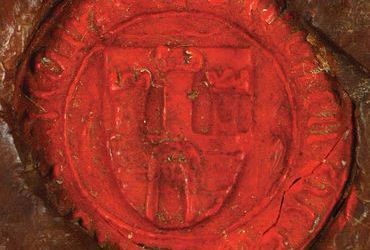 (005) Odcisk herbowej pieczęci sekretnej miasta z dokumentu
wystawionego w 1474 r.; pieczęć ta pozostawała w gestii rady
miejskiej i burmistrza (AGAD, sygn. perg. 5167)