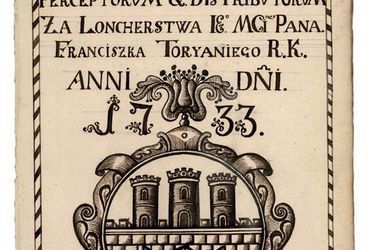 (461) Rok 1733 – rysunek piórkiem na stronie tytułowej
księgi miejskiej finansowej założonej dla zapisów prowadzonych
w tymże roku (ANK, sygn. rkps 2103)