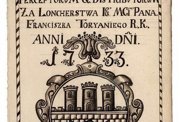 (461) Rok 1733 – rysunek piórkiem na stronie tytułowej
księgi miejskiej finansowej założonej dla zapisów prowadzonych
w tymże roku (ANK, sygn. rkps 2103)