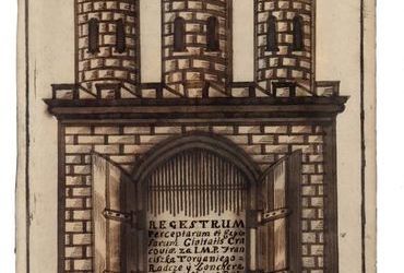 (466) Rok 1743 – rysunek piórkiem na stronie tytułowej
księgi miejskiej finansowej założonej dla zapisów prowadzonych
w tymże roku (ANK, sygn. rkps 1803)