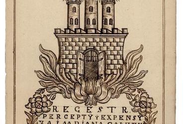 (467) Rok 1745 – rysunek piórkiem na stronie tytułowej
księgi miejskiej finansowej założonej dla zapisów prowadzonych
w tymże roku (ANK, sygn. rkps 1805)
