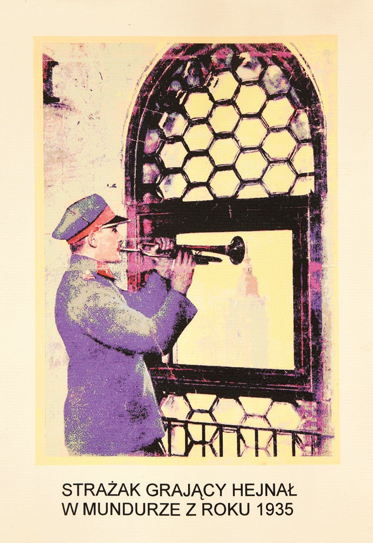 (234) Wizerunek strażaka z 1935 r. nieznanego
akwarelisty, utrwalony na pocztówkowej reprodukcji,
przypięty na górze hejnalicy (z zasobu Komendy
Miejskiej Państwowej Straży Pożarnej)